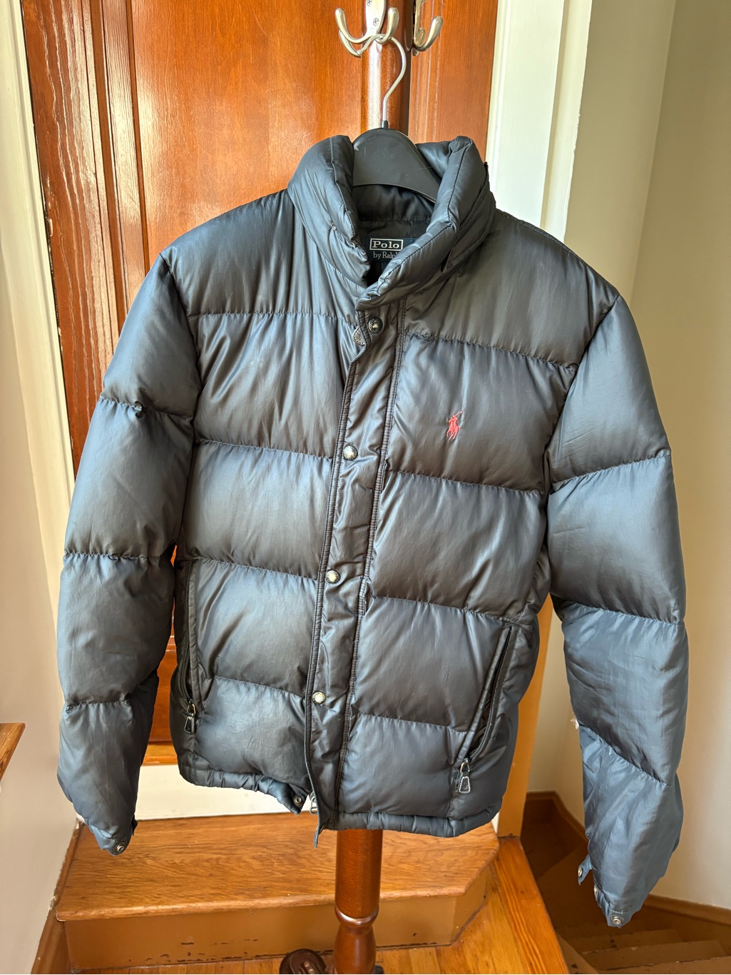 Polo By Ralph Lauren Black Quilted Down Puffer Jacket With Red Polo Emblem